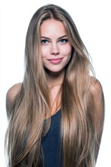 Naklejka premium Stunning blonde woman with long, healthy hair. Perfect for beauty, fashion, and haircare advertising. Ideal for websites, magazines, and social media.