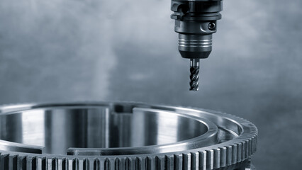 Large metal turbine on table of industrial metalworking programmable CNC machine, industrial...