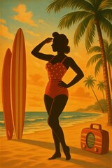 Greeting card in 1950s style featuring sunset glow, silhouette of a woman in elegant swimsuit, vintage surfboards and palm trees — perfect for summer branding, retro campaigns, and lifestyle promotion