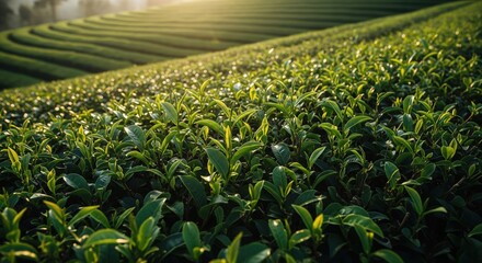 Lush Green Tea Plantation at Sunrise with Golden Sunlight and Rolling Hills