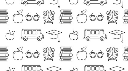 Back to school seamless pattern with school bus apple books glasses clock and graduation cap line art design