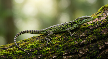 Obraz premium Brown lizard on a moss-covered log blending into its natural environment.
