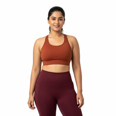 fit Indian woman with full hips in rust-toned gymwear