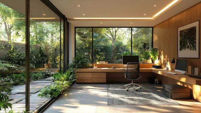 Sunlit home office with wood accents, lush garden views, and ergonomic chair