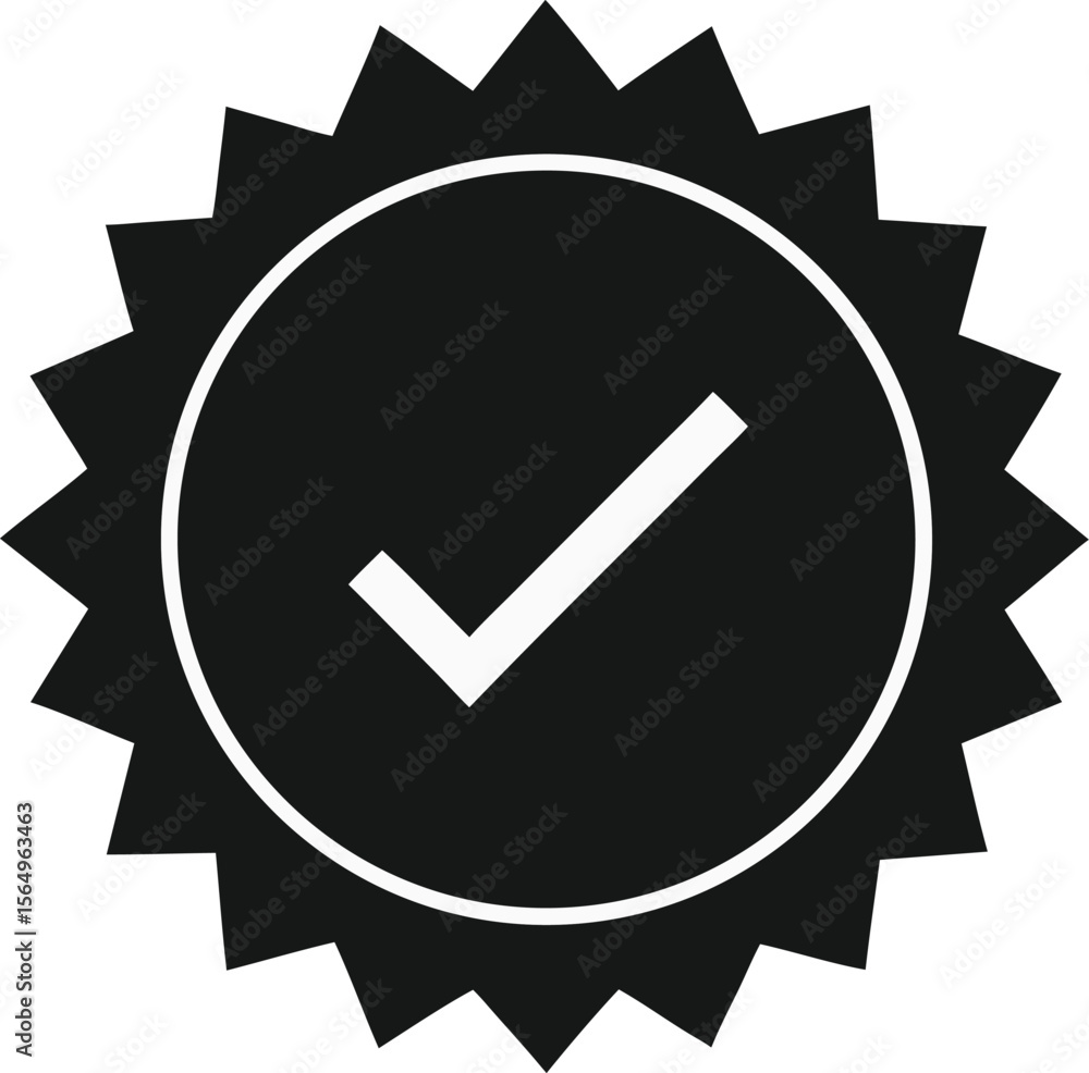 Poster vector art of a black check mark inside a circular badge with a starburst border, isolated on white 