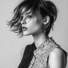 Black and white portrait of a expressive young woman with a stylish short haircut playfully sweeping across her face, adding a sense of movement and spontaneity, isolated on clean neutral background.