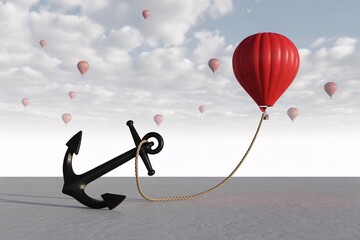 Hot air balloon tied to heavy anchor symbolizing limitation, fear, and holding back potential.