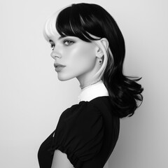 Black and white profile portrait of a fashion model with an elegant and poised expression with long, voluminous hair with a dramatic black and white split dye, isolated on clean neutral background.