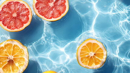 Top view of fresh lemon and grapefruit slices floating in clear turquoise water, refreshing summer vibe. Perfect for wellness, tropical, spa, or fruity themed designs. Horizontal background