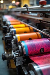 Close-up of vibrant rolling presses in an industrial printing process