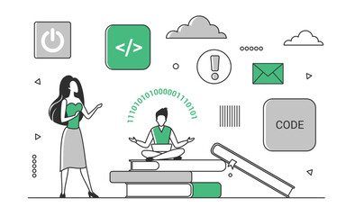 Software development team working on digital project. Coding knowledge and computing system vector monocolor illustration