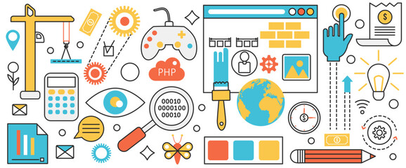 Mobile app development technology. Online application engineering, creative startup work with code of developer and programmer on phone screen, infographic concept banner, thin line art design