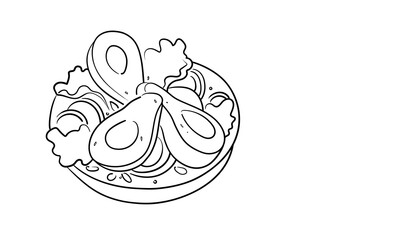 Vegetable avocado salad, continious line drawing. Helthy food outline. Vector illustration isolated on white background