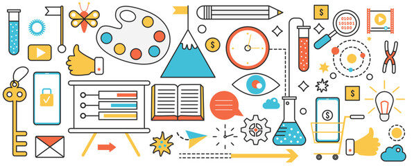 Art tools and materials for work of artist in studio, master class or workshop. Artistic palette, creation board and pencil to create artwork in infographic concept banner, thin line art design