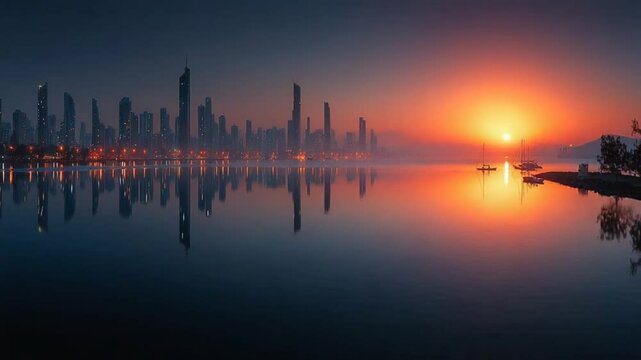 Spectacular Sunset Reflection over Cityscape Silhouette in Calm Water Scenery Video