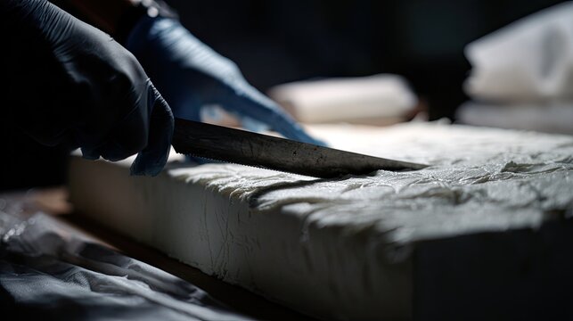 Worker using a blade to hand-trim any uneven surfaces on a latex pillow