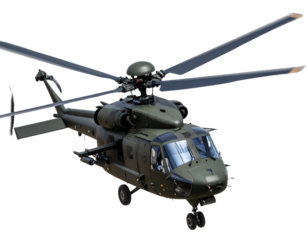 Top View of Military Helicopter in Flight, isolated on a transparent background