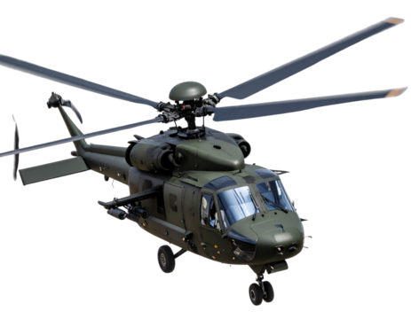 Top View of Military Helicopter in Flight, isolated on a transparent background