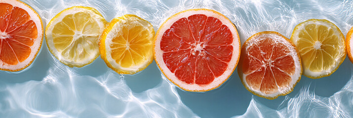 Top view of fresh lemon and grapefruit slices floating in clear turquoise water, refreshing summer vibe. Perfect for wellness, tropical, spa, or fruity themed designs. Horizontal background