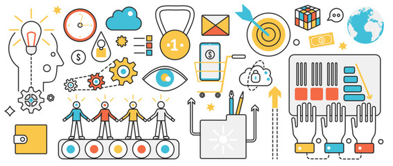 Business management technology and recruitment service. Abstract conveyor with human resources, decision making, creative analysis and idea search in infographic concept banner, thin line art design