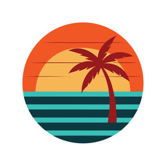 Fototapeta premium Retro Vintage Sunset on Calm Ocean Tide and Palm Trees
