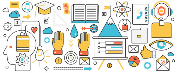 Business management technology. Abstract goal achievement and team support, office job organization, creative projects and board presentation in infographic concept banner, thin line art design