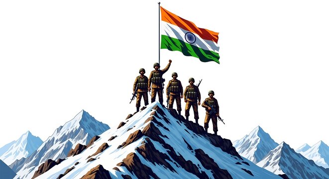 Kargil Vijay Diwas &ndash; A Patriotic and Epic Digital Art Tribute on 26th July Featuring Soldier Silhouettes, Snowy Mountains, and the Indian Flag"