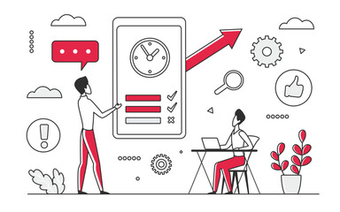Business team project management objectives. Process of monitoring successful task completion vector monocolor illustration