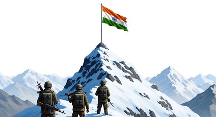 26th July – Kargil Vijay Diwas: Inspiring Cinematic Digital Art of Soldiers’ Silhouettes, Indian Flag Waving Proudly Over Snowy Peaks"