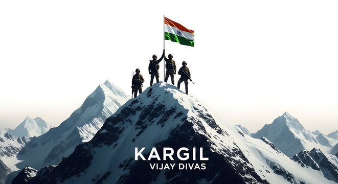 26th July &ndash; Kargil Vijay Diwas: Inspiring Cinematic Digital Art of Soldiers&rsquo; Silhouettes, Indian Flag Waving Proudly Over Snowy Peaks"