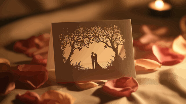 Elegant couple silhouette graphic under trees offers a romantic design element, ideal for wedding or anniversary themes and adaptable for various creative applications.