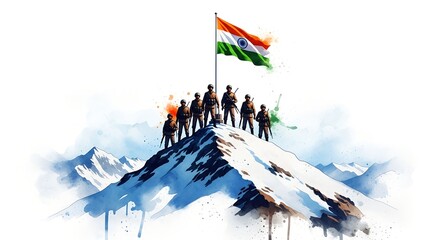 26th July – Kargil Vijay Diwas: Inspiring Cinematic Digital Art of Soldiers’ Silhouettes, Indian Flag Waving Proudly Over Snowy Peaks"