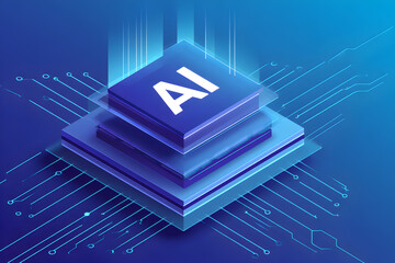Fototapeta premium AI chip stack neon blue microchip architecture perfect for machine-learning hero images