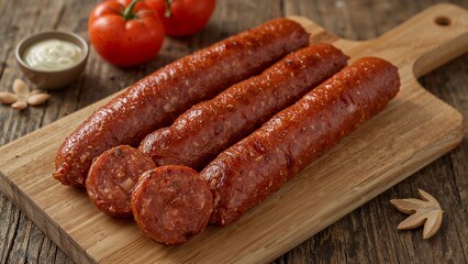 Savory spicy chorizo sausage on rustic wooden board