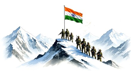26th July – Kargil Vijay Diwas: Inspiring Cinematic Digital Art of Soldiers’ Silhouettes, Indian Flag Waving Proudly Over Snowy Peaks"