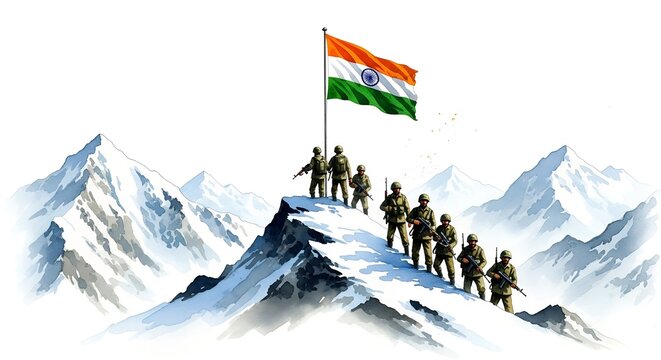 26th July &ndash; Kargil Vijay Diwas: Inspiring Cinematic Digital Art of Soldiers&rsquo; Silhouettes, Indian Flag Waving Proudly Over Snowy Peaks"