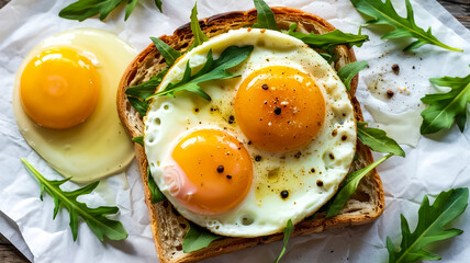 Top-down view of two golden, sunny-side-up eggs with runny yolks on crispy toasted whole grain bread, perfectly centered