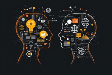 Obraz premium Vector illustration of interconnected human heads with abstract digital elements