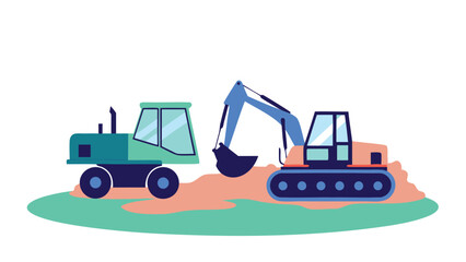 Fototapeta premium Illustration of a green tractor and an orange excavator on a green and brown ground with white background