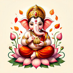 Cute baby ganesha sits on a lotus flower holding a sweet
