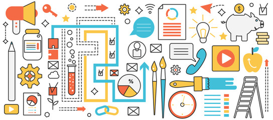 Creative project and business implementation. Abstract process with development, analysis and realization of ideas or products, research service in infographic concept banner, thin line art design