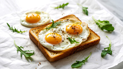 Top-down view of two golden, sunny-side-up eggs with runny yolks on crispy toasted whole grain bread, perfectly centered