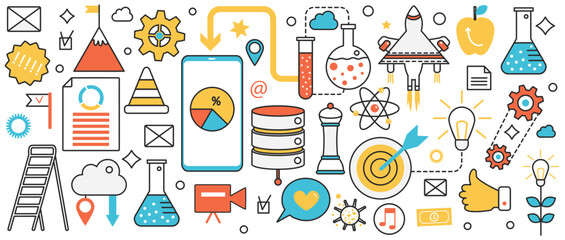 Creative solution, innovation and success business strategy. Abstract goal achievement and research process with rocket, light bulb, career ladder in infographic concept banner, thin line art design