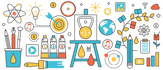 Creative process of art design. Abstract idea presentation with artist tools, easel and paint, pencil and brush, digital education and communication in infographic concept banner, thin line art design