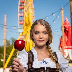 Young woman in traditional bavarian dress holding a candy apple at a fair
