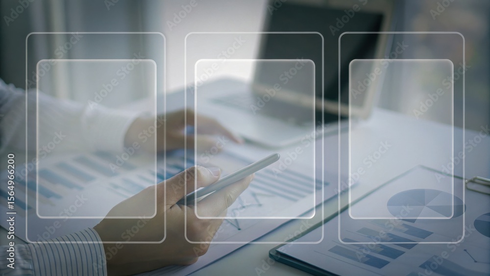 Poster a person analyzes business charts on a desk using a smartphone and laptop, with digital interface el