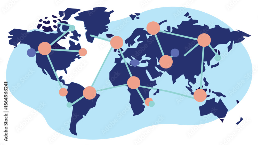 Poster world map illustration showing global network connections with lines and circles connecting continen
