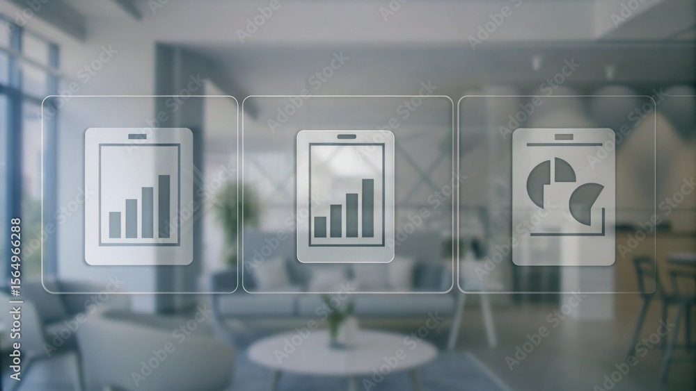 Aufkleber digital analytics icons with bar and pie charts overlay a modern office background, symbolizing data