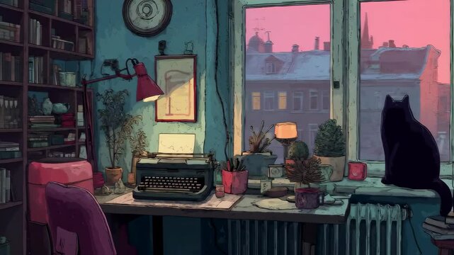 Black cat vintage study room typewriter books writer workspace 4K Seamless loop animation