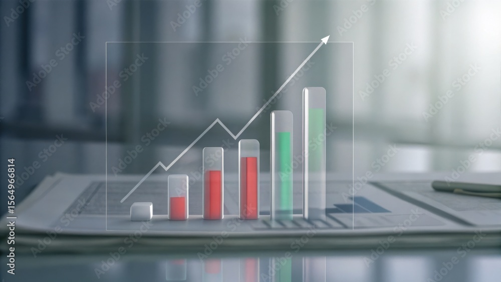 Aufkleber a digital bar and line graph showing rising growth is displayed over a blurred background with docum